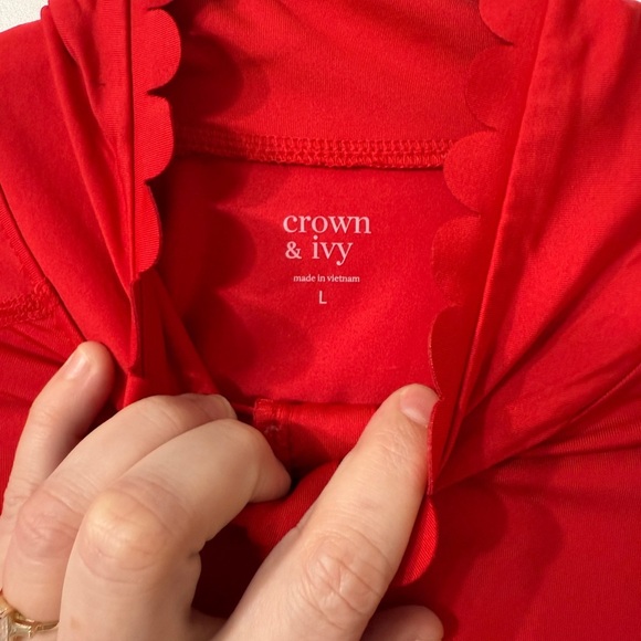 Crown & Ivy Red Scallop Half Zip Pullover Long Sleeve Shirt Size Large - Picture 2 of 3